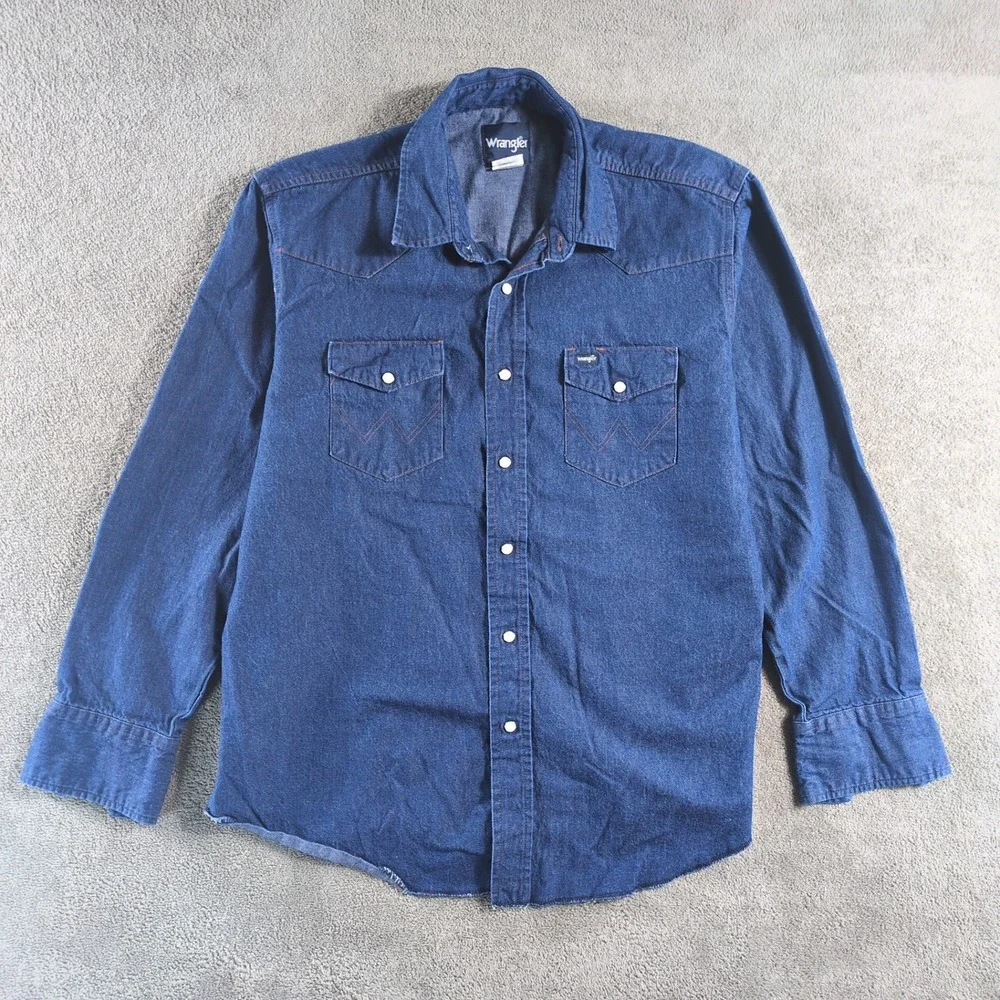 Wrangler Mens Long Sleeve Denim Western Shirt XL Blue Cotton Snap Front - Picture 1 of 9